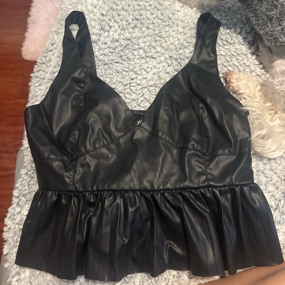 Zara Black Faux Leather Peplum Crop Top